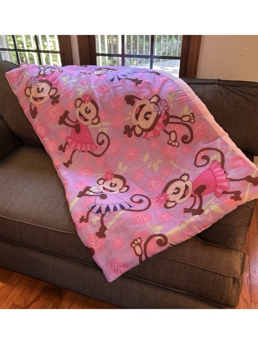 Sleeping Bag Child’s Pink Purple MONKEY Flower 53' x 29” Girls Polyester Zip Up